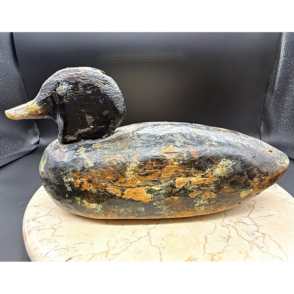 Vintage Hand Carved Wood Black Duck Hunting Decoy Solid Body Metal Eyes